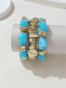 3pcs/Set Gelang Manik-Manik Akrilik Tebal Multi-Lapisan Multi-Warna Gaya Retro Bohemian dengan Hiasan Batu Hancur Emas untuk Wanita - MultiWarna - View 6