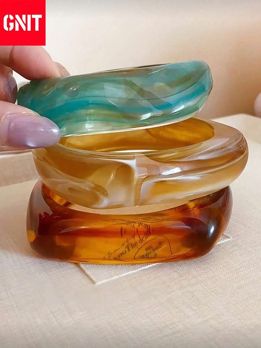 GNIT 3pcs Exaggerated Geometric Bracelet Set, Multifunctional Fashion Accessory For Daily Wear, Party, Vacation, Bohemian Style Geometric Pattern Elements, Orderly Texture And Undulating Curves - Twisted Shape (Translucent Coffee + Peacock Blue + Earthy Yellow) - View 1