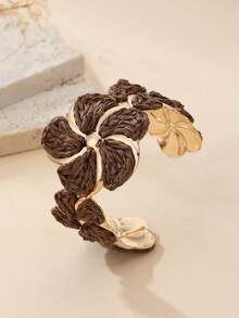 1pc Vacation Style Rattan Flower Bangle, Solid Color Metal Flower Cuff Bracelet, Niche Accessory For Beach Vacation, Summer Party, Gathering With Friends, Daily Wear, Retro Style - Brown - View 2
