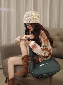 1 chiếc mũ len móc thủ công hình hoa rỗng, thanh lịch, thoáng khí, nhẹ dành cho nữ, thích hợp cho mùa xuân/hè. - A - Xem 4