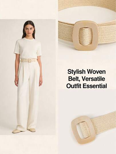 1 pieza Cinturón ajustable de paja beige para mujer, accesorio de playa de verano, versátil para vestidos, vacaciones, ir y venir