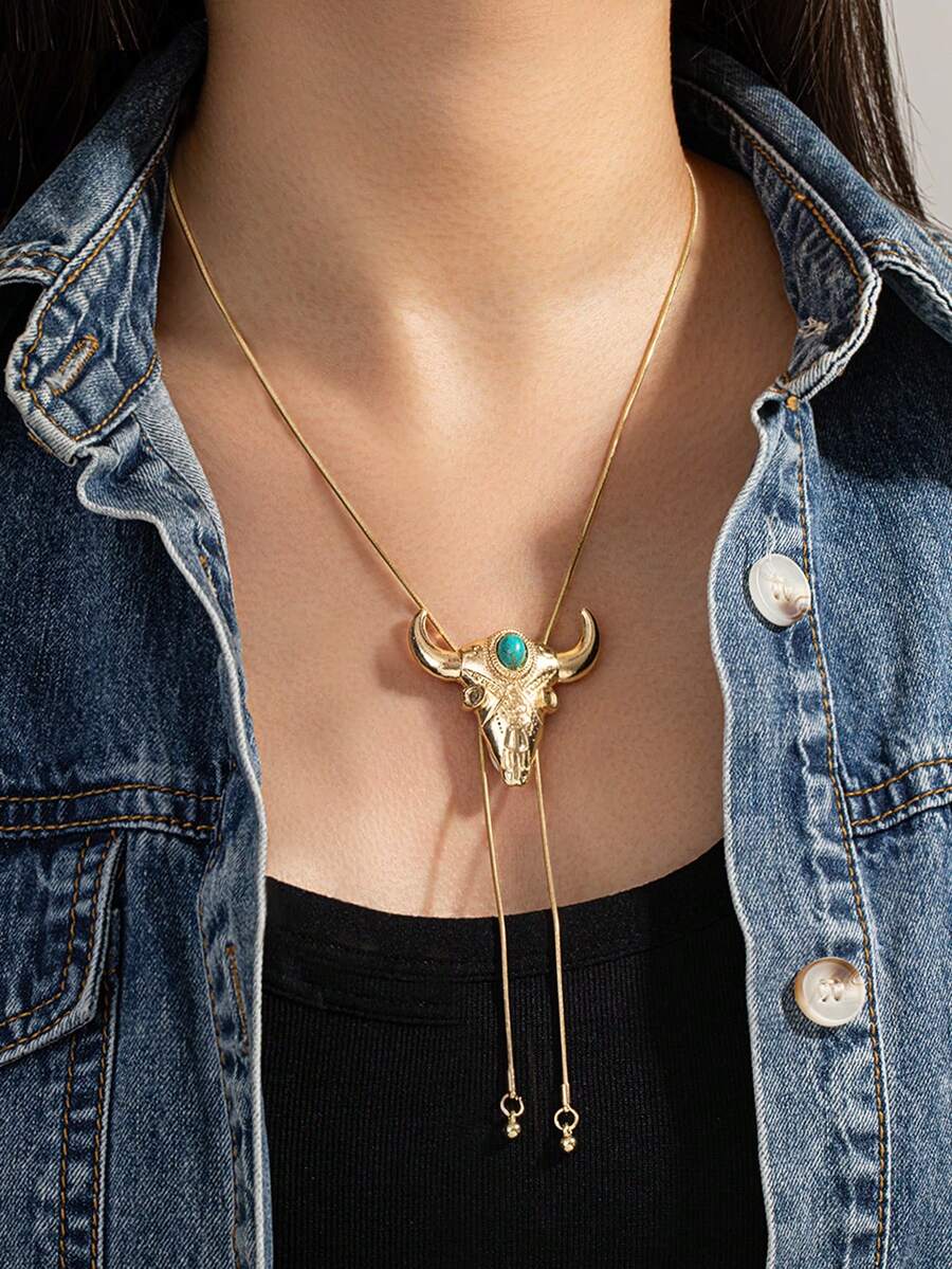 1pc Adjustable Ox Head Turquoise Inlaid Long Necklace, Niche Design Neck Chain Accessory, Suitable For Daily, Commute, Vacation, Party, Music Festival Wear - Multicolor - View 1