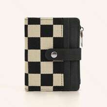 Black And White Checkered Women's Short Snap Clasp Wallet, Stylish Canvas Bi-Fold Clutch With Side Zipper Coin And Card Slots. - 黑色 - 查看 5