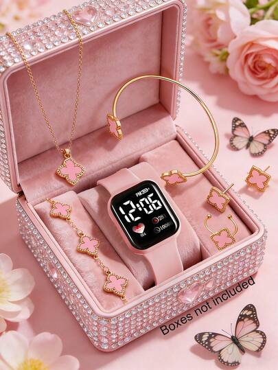 Đồng hồ điện tử vuông thời trang thường ngày kèm dây chuyền, vòng tay, lắc tay, nhẫn và bông tai bằng hợp kim hình hoa, dây đeo silicon, thiết kế vuông cổ điển, pin không sạc lại được, thích hợp để đeo hàng ngày, dự tiệc, lễ hội âm nhạc, món quà sinh nhật tuyệt vời cho bạn bè.