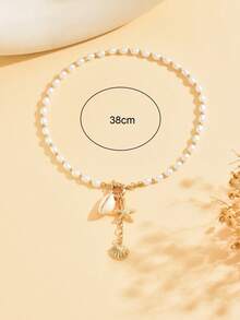 1 pieza Collar gargantilla con cuentas de perlas falsas CCB de diseño creativo con colgante de concha y estrella de mar, joyería versátil y de moda para mujer, adecuada para uso diario y fiestas - Multicolor - Ver 4