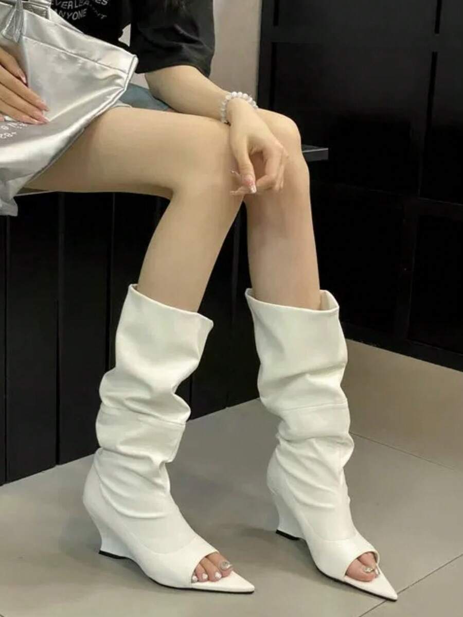 Botas altas hasta el muslo de tacón de aguja y punta fina, con ajuste estilizador, punta abierta, botas de moda versátiles - Blanco - Ver 1