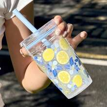 HILAKE 16oz Lemon Flower & Bow Print Plastic Water Bottle With Straw - Portable Design For Iced Coffee And Hydration - Perfect Gift For Family, Friends, Sisters, Loved Ones And Colleagues For Christmas, Valentine's Day, Weddings - Multicolor - View 9