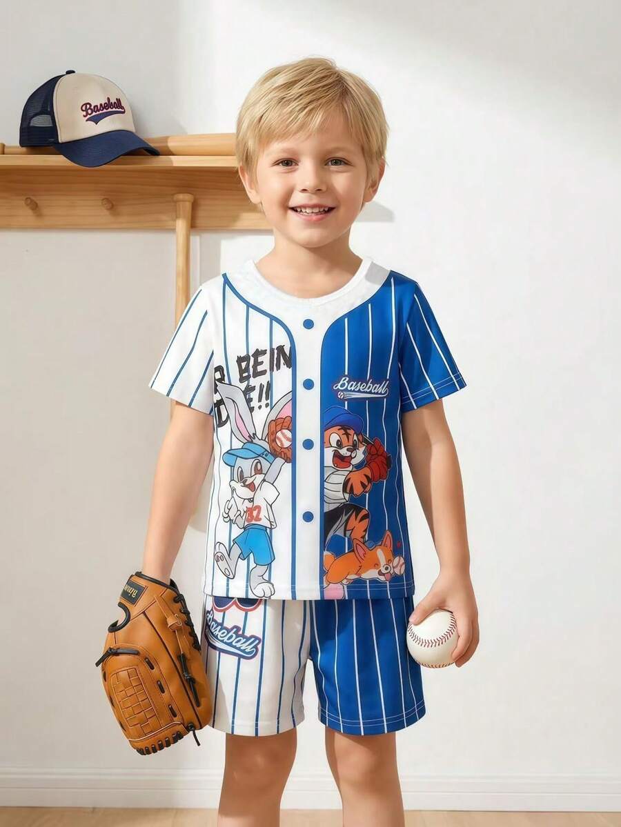 2 peças/Conjunto Camiseta de Manga Curta com Gola Redonda e Estampa de Coelho Cartoon e Shorts Estampados com Listras Fofos para Meninos Jovens, Verão - Multicolorido - Visão 1