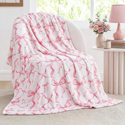 Pink Bow Throw Blanket Ultra Soft Flannel Coquette Aesthetic Blanket For Women Preppy Room Decor For Bed Sofa Spring Wedding Mother's Day Graduation Back To School Gift