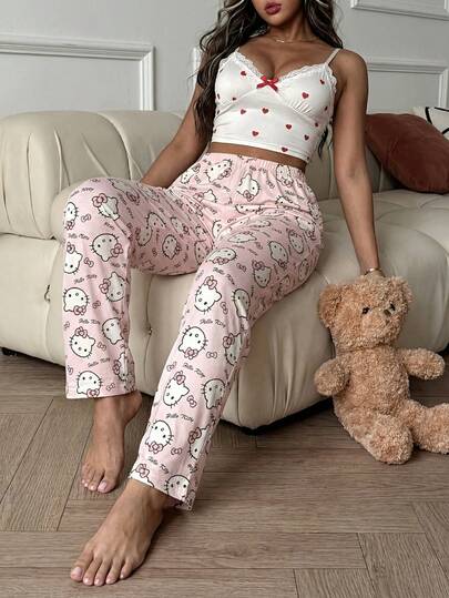 SANRIO 1 pieza Pantalón de pijama de una pieza con estampado de Hello Kitty, ropa de dormir linda para mujeres, estilo Y2K, adecuado para otoño e invierno