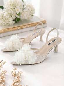 New Arrival Women's Fashionable Summer Elegant Pointed Toe Lace Slingback High Heel Sandals, Beige - Beige - View 7
