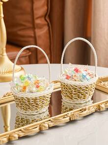 1pc Plastic Storage Basket, Creative Mini Two Tone Woven Design Storage Basket For Desk Decoration - View 8