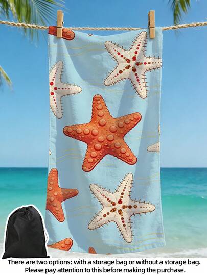 1pc Summer Starfish Theme Beach Towel, Swim Towel, Dual-Use Bath Towel For Pool/Home, Highly Absorbent Soft Microfiber Towel For Swimming, Fitness, Yoga, Travel, Recommended Regular Size And Oversized (35*75cm Small Towel, 150cm Or Above Recommended)