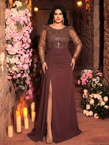 [Random Cut] Plus Size Women's New Round Neck Mesh Pearl Embroidery Patchwork Chiffon Ruched Waist Elegant Evening Party Dress Wedding Spring - Coffee Brown - View 1