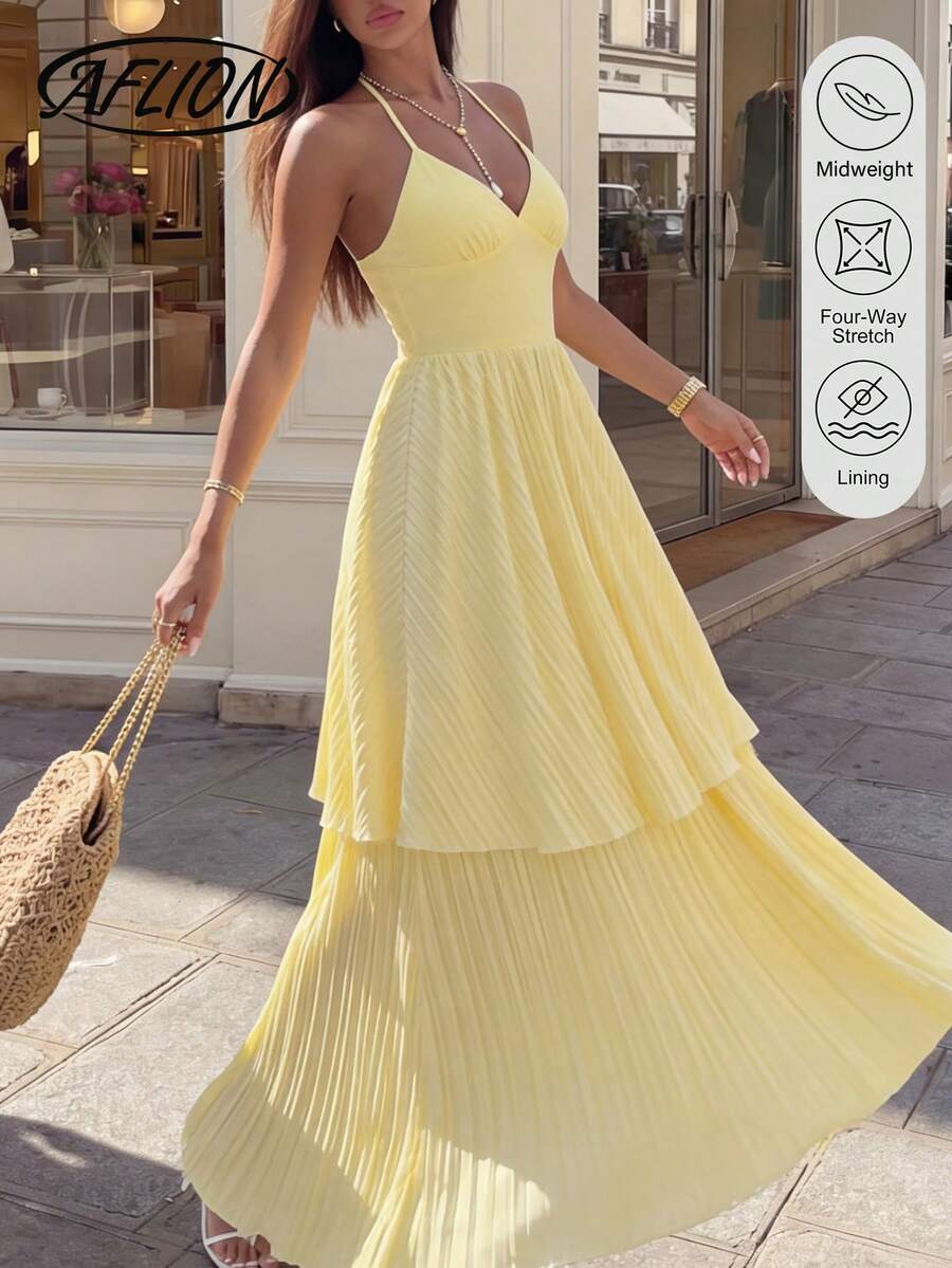 Aflion Vestido largo plisado de cintura alta y espalda descubierta para mujer en color amarillo - Estilo retro francés, romántico y fluido, adecuado para vacaciones de verano, playa, bodas y eventos de noche