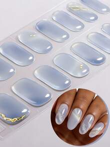 16片春夏透明蓝金箔点缀半固化凝胶美甲贴，清新甜美风格自粘凝胶美甲贴纸，易于美甲，不易脱落，适合女性居家DIY美甲用品 - 淺藍色 - 查看 13