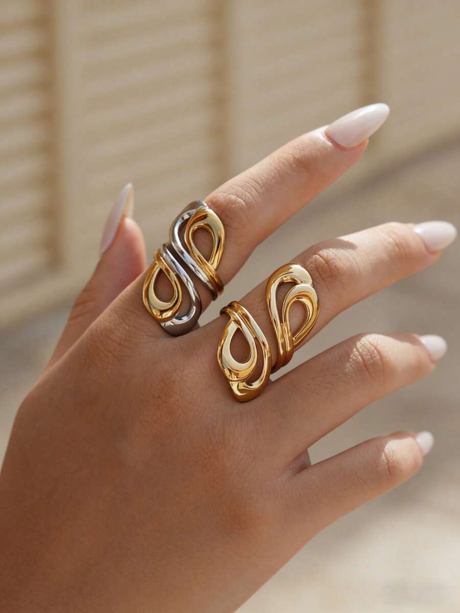Uself 2 piezas/1 pieza Anillo de infinito chapado en oro de 18K, regalo del Día de la Madre, anillo abierto hueco grueso de acero inoxidable, adecuado para el 4 de julio, anillo de diseño geométrico intersectado, joyería hipoalergénica impermeable, apto para mujeres, Gen Z, ropa de calle, uso diario, oficina, citas y vacaciones