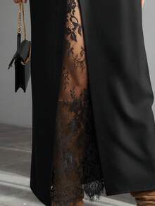 Women's Lace Patchwork Elegant Slit Design Skirt, Suitable For Office Casual Commute, All-Season Wear (Belt Only For Display) - Black - View 6