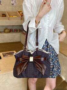 Bolso de mano con pliegues y lazo a lunares, estilo retro dulce, diseño con ribete de encaje, bolso de hombro versátil y de moda para mujer. - Negro - Ver 8