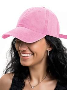 1 pieza Gorra de béisbol con visera curva vintage desgastada, unicolor, para primavera/verano, unisex - Caqui - Ver 16