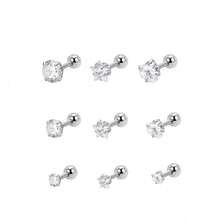 9pcs/3pcs Y2K Cute Style Multi-Size Zirconia Stud Earrings Set, Round Diamond Star Heart Screw Earrings, Versatile Ear/Nose Studs - White - View 1
