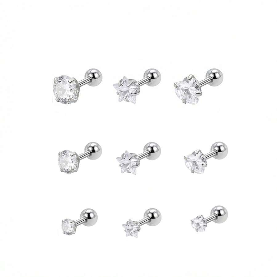 9pcs/3pcs Y2K Cute Style Multi-Size Zirconia Stud Earrings Set, Round Diamond Star Heart Screw Earrings, Versatile Ear/Nose Studs - White - View 1