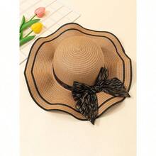 1 Piece Women's White Wavy Edge Bowknot Beach Sun Hat, Elegant Sunscreen Hat For Vacation & Travel, Summer Breathable Large Brim Sun Hat For Seaside Outings, Fashionable All-Match Holiday Casual Hat - 卡其色 - 查看 2