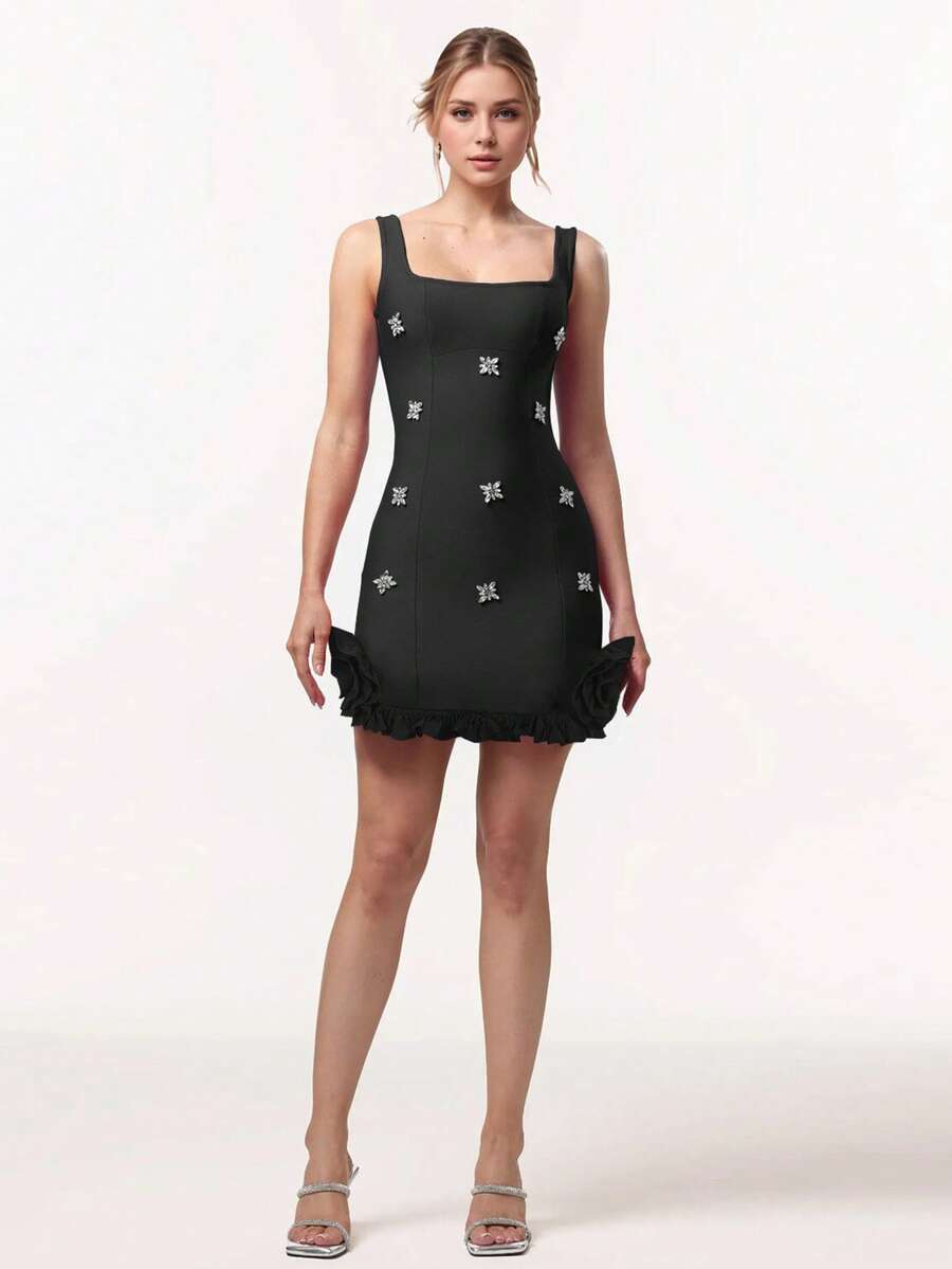 Vestido ajustado sin mangas con cuello cuadrado y adornos de strass, adecuado para fiesta de cumpleaños, cena formal y eventos de gala de boda en color negro - Negro - Ver 1