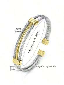 1 Pc Fashionable Stainless Steel Two-Tone Adjustable Double Layer Cuff Bracelet, Suitable Men And Women, Daily Wear,, Valentine's Day Jewelry,Mom,Mother,Mother's Day, - 多色的 - 查看 7