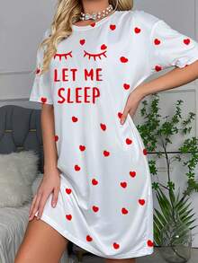 女款「Sleep」標語睫毛圖案睡衣－舒適短袖圓領T恤洋裝，愛心裝飾，四季針織睡衣 - 白色 - 查看 4