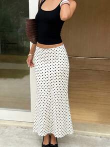女士新款春夏波点休闲优雅镂空荷叶边双层不透明衬里长裙，适合户外、度假、假日、通勤、居家穿着，白色 - 白色 - 查看 3