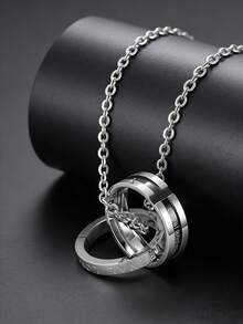 1 pieza Collar con colgante de anillo doble giratorio en tono plateado para hombre, cadena de acero inoxidable con piedra de CZ para uso diario - Multicolor - Ver 2