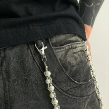 1件男士合金银色珍珠编织裤链，哥特朋克时尚饰品 - 銀色 - 查看 7