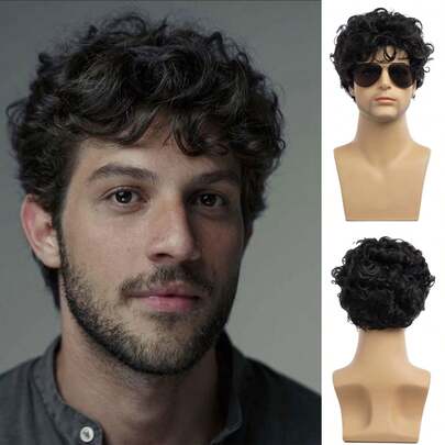 6 Inch Men's Short Black Curly Wig, High Temperature Synthetic Hair, Natural Fluffy Male Wig For Daily, Cosplay, Party, Halloween