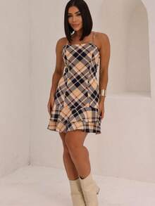 Women's Short Plaid Dress With Padded Cups, Spaghetti Straps, Flared Hem, Ruffled Detail, For June Festivals, Saint John's Day, July Festival Look, Boho Casual Women's Fashion, Backless / Backless, Vacation - 薑色 - 查看 2