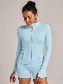 VUTRU Women's Long Sleeve Jacket With Pockets And Thumb Holes, Running Workout Activewear Top - Sky Blue - View 2