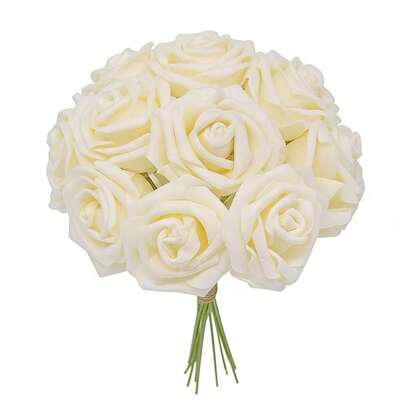 5/10/25/30/50 Pieces/Set Of Cream Yellow Imitation Flowers, Simple Foam Rose Decorative Flowers With Stem, Home Decoration (OPP Packaging)