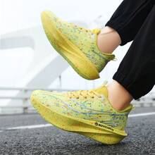 2026 Spring/Autumn New Marathon Running Shoes For Teenagers, Breathable Mesh, Carbon Plate, Shock Absorbing, Luminous, Fashionable Casual Lightweight Lace-Up Sneakers For Couples - Yellow - View 3