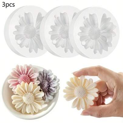3件套雏菊硅胶蜡烛模具套装，带孔 - 适用于3D树脂、肥皂、蜡烛、石膏和混凝土工艺品模具 - DIY手工花香节日礼物、装饰品、香薰摆件和家居饰品