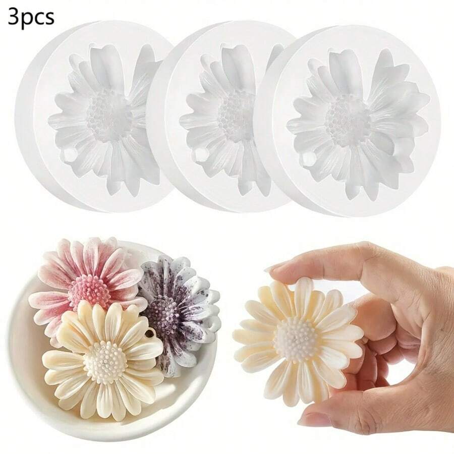 3件套雏菊硅胶蜡烛模具套装,带孔 - 适用于3D树脂、肥皂、蜡烛、石膏和混凝土工艺品模具 - DIY手工花香节日礼物、装饰品、香薰摆件和家居饰品 - 雛菊模具 - 查看 1