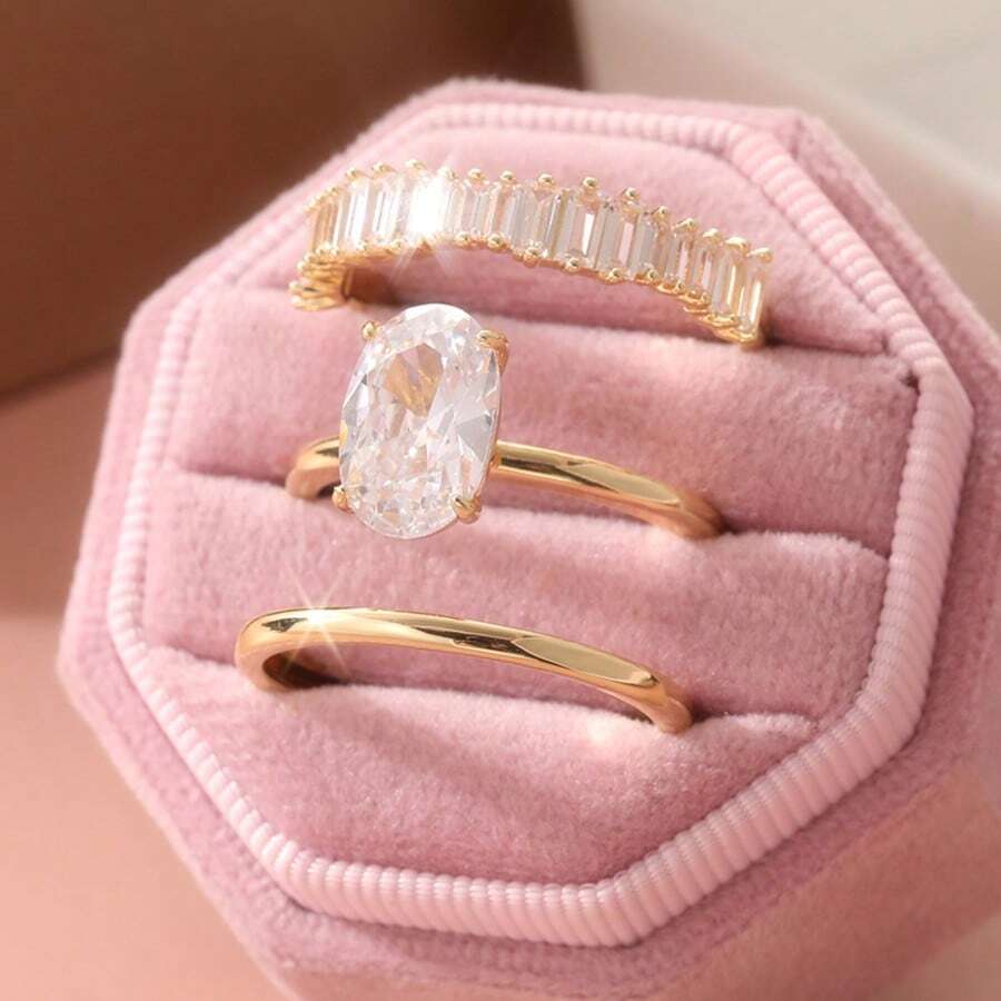 3pcs Set Elegant Stackable Rings, Inlaid Shiny Cubic Zirconia, Engagement/Wedding Rings, Formal Party Accessories, Luxury Jewelry Alternative - Gold - View 1