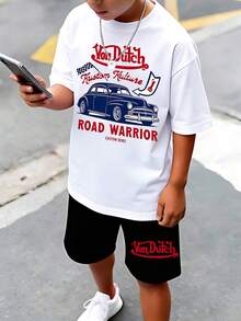 Graphic Tees,Boys V-On Dutch Kustom Kulture Graphic Tee & Shorts Set, Retro Car Print 2-Piece Outfit, Casual Streetwear For Kids,Mother's Day,4th Of July - trắng - Xem 2