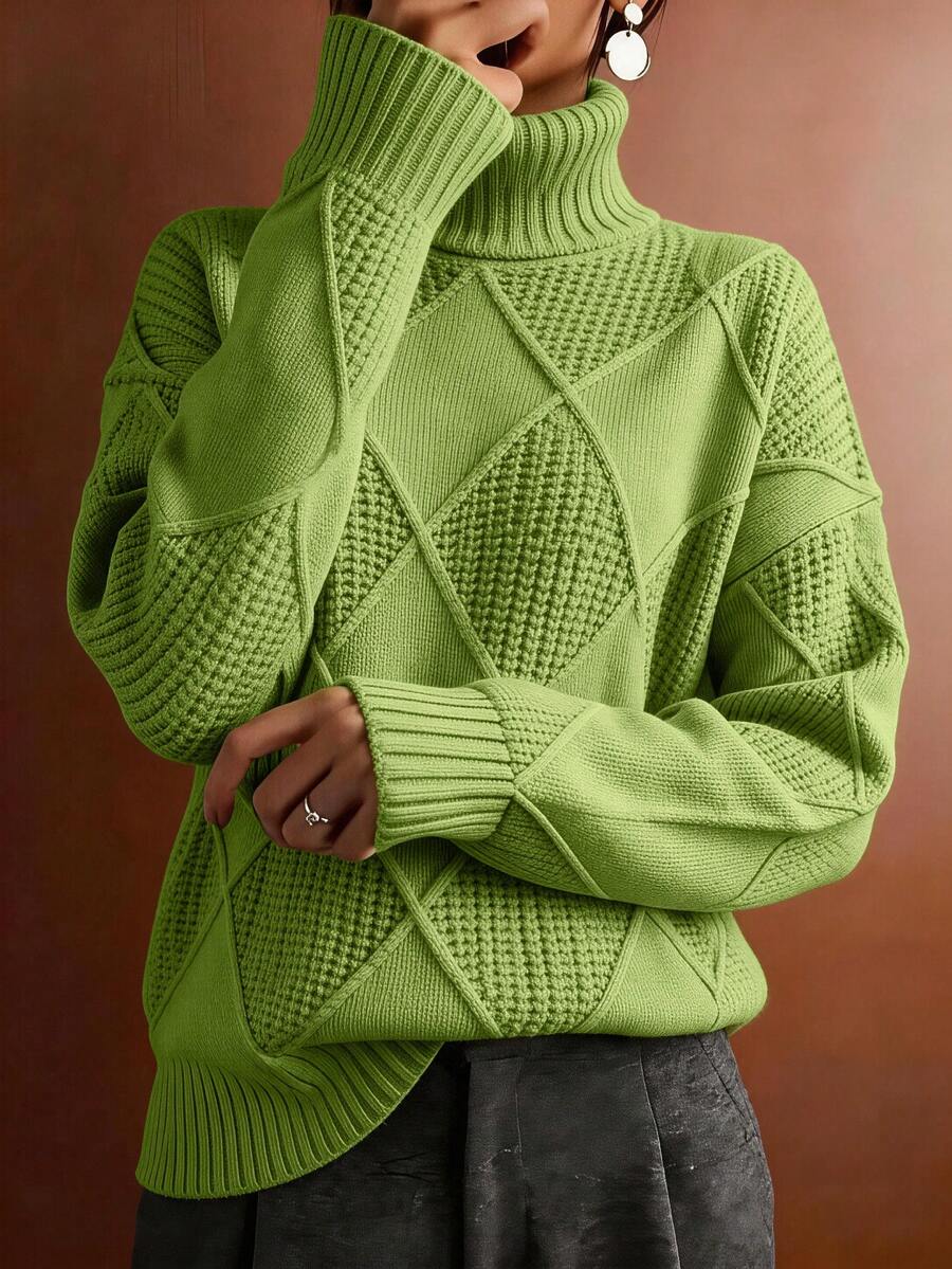 Plus Size Solid Color Turtleneck Long Sleeve Sweater, Autumn/Winter - Green - View 1