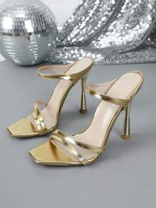 女士时尚方头细高跟凉鞋 - 金色 - 查看 1