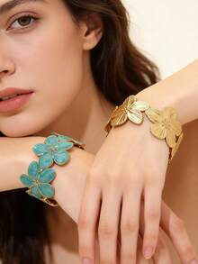 1 pieza Elegante brazalete asimétrico de flor de berenjena calada de acero inoxidable, adecuado para que las mujeres lo usen en banquetes, fiestas, vida diaria o citas - Amarillo Oro - Ver 3