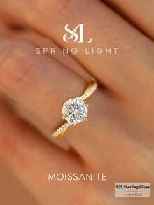 1 chiếc nhẫn đính hôn Moissanite 6 chấu và kim cương pave 1 carat, bạc sterling 925, trang sức cao cấp sang trọng, quà tặng kỷ niệm ngày cưới cho phụ nữ - Vàng - Xem 2