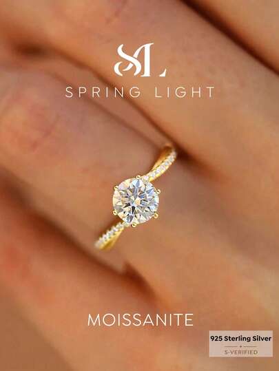 1pc 1 Carat 6-Prong Moissanite & Pave Diamond Engagement Ring, 925 Sterling Silver Ring, Elegant Luxury Jewelry Gift, Wedding Anniversary Present For Women