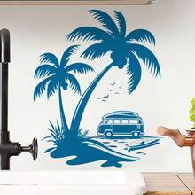 在绿色的椰子树下，停着一辆小汽车。窗贴和墙贴，自粘式，适用于客厅、卧室、学校、办公室和浴室。 - A - 查看 6