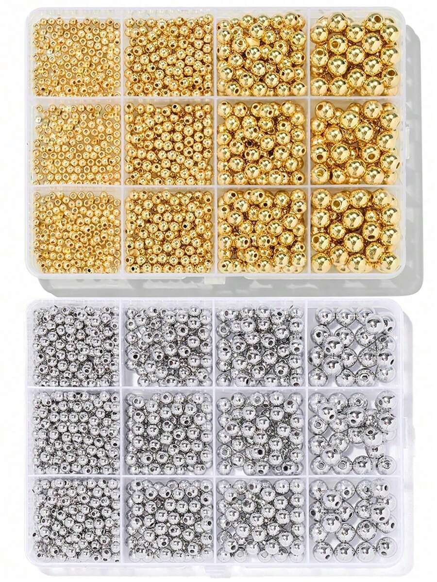 3/4/6/8毫米金银色光滑圆珠套装，CCB圆形隔珠，适用于珠宝制作，DIY手链项链珠宝制作材料，珠宝制作套装