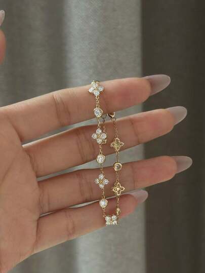 1件装不锈钢四叶草锆石手链，奢华小众设计，百搭简约个性配饰，适合女性日常及海滩佩戴